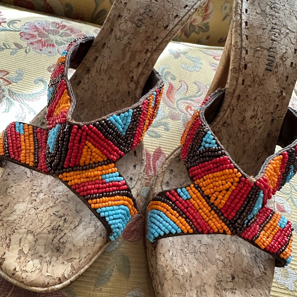 Colorful Beaded Cork Wedge Sandals